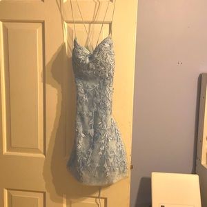 Homecoming blue floral sequined open back cute pretty